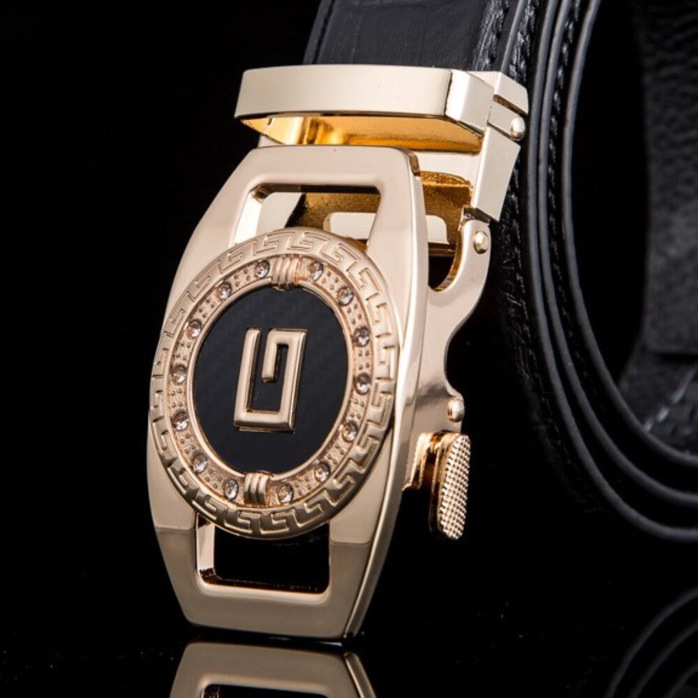 Black Leather Belt Automatic Buckle Slide No Hole Strep Ratchet G Gold Diamond